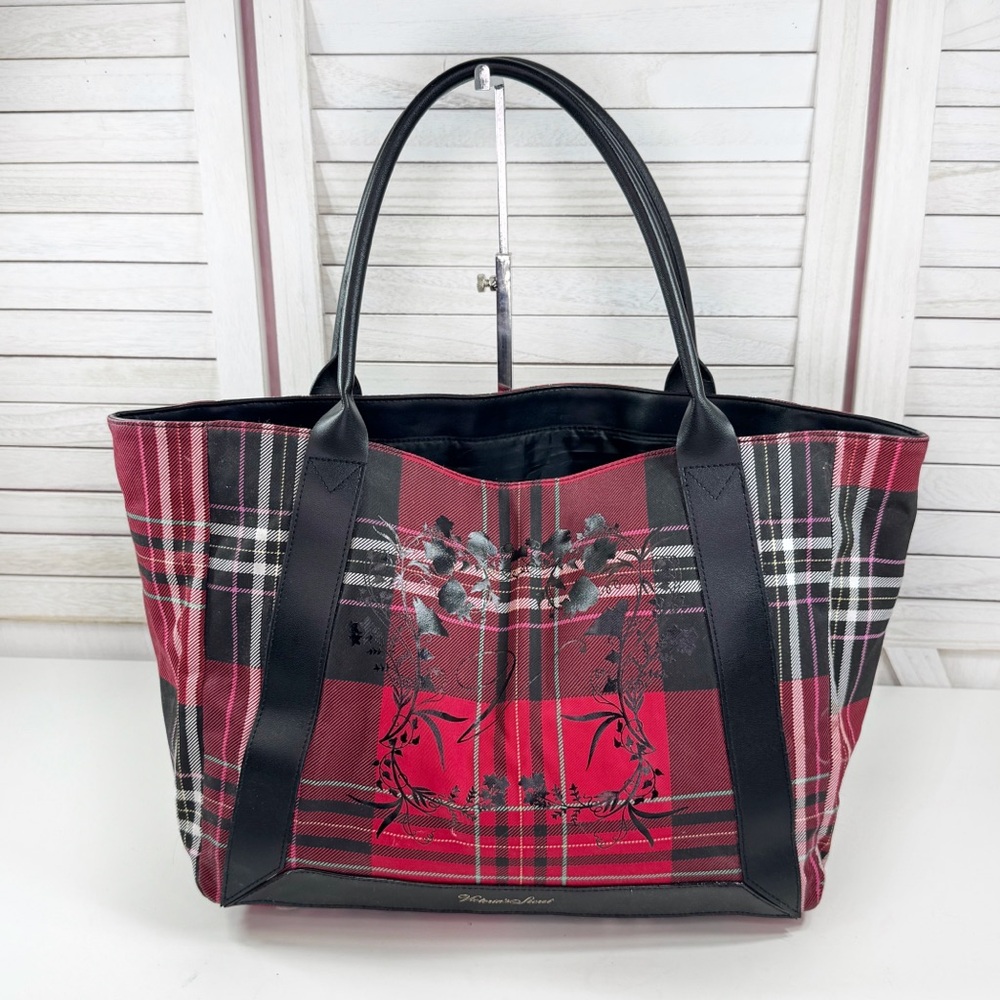 Victorias Secret Tartan Plaid Floral Vine Weekender Tote Bag Large Red Black